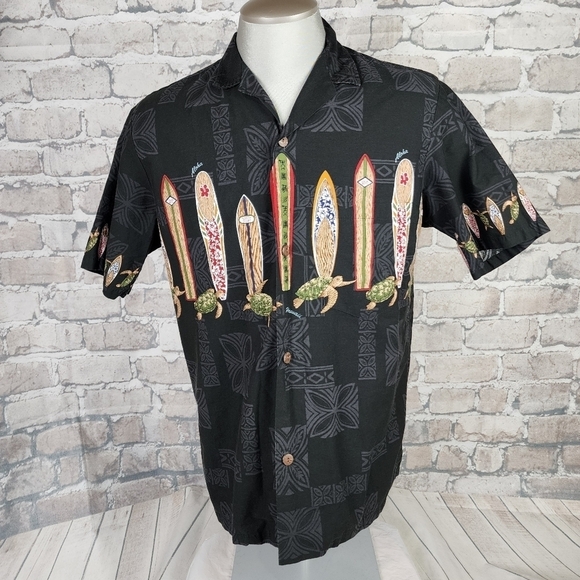 Vintage Hawaiian Camp Shirt Black Surfboards Size Large - Picture 12 of 13